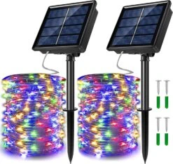 JosMega 2 Pack Solar Powered Fairy String Lights Outdoor Waterproof 8 Modes Twinkle Christmas Decorations Lights, Each 33ft-100LED, 40ft-120LED, 66ft-200LED, 80ft-240LED, Auto On/Off (Multicolor, 33)