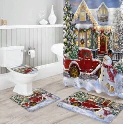 4 Piece Merry Christmas Shower Curtain Set With Non-Slip Rug, Toilet Lid Cover And Bath Mat, Xmas Snowman Red Truck Tree Wood House Winer Snowy Scene Shower Curtain With Hooks For Holiday Decoration -Xmas Lighting Shop 81wHonR17tL. AC SL1500
