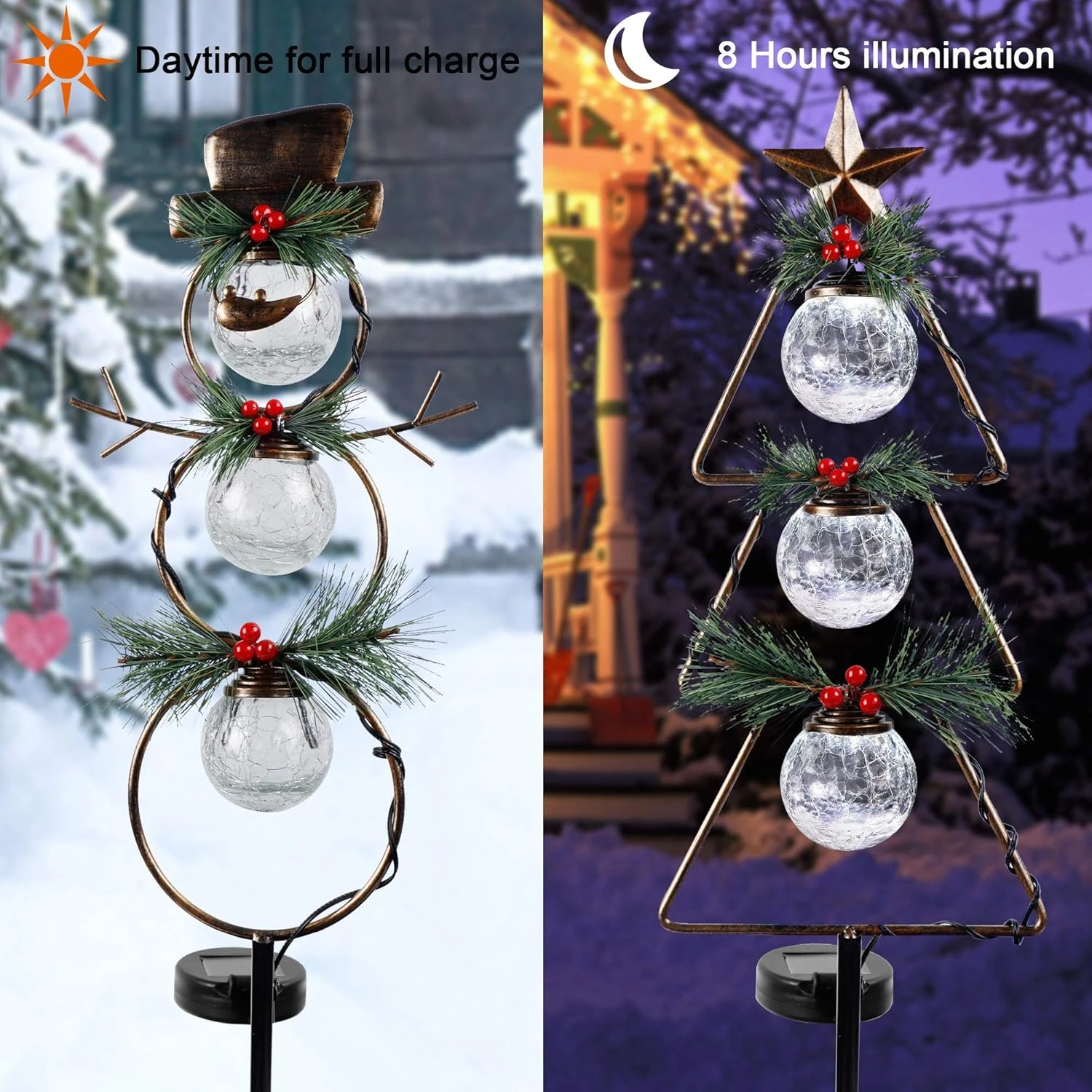 MAGGIFT Christmas Outdoor Solar Stake Lights, 42.5 Inch Solar Powered Yard Decorations, Glass Globe Cool White LED Xmas Pathway Lights, Metal Snowman & Tree Garden Stakes Lawn Ornament, Set Of 2 2 MAGGIFT Christmas Outdoor Solar Stake Lights, 42.5 Inch Solar Powered Yard Decorations, Glass Globe Cool White LED Xmas Pathway Lights, Metal Snowman & Tree Garden Stakes Lawn Ornament, Set Of 2 - Image 2