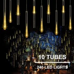 11.8 Inch 10 Tubes 240 LED Meteor Shower Raindrop Lights With Timer Function Cascading Lights LED Icicle Lights Falling Raindrop Lights For Holiday Party Wedding Christmas Tree Decoration (Warm White)