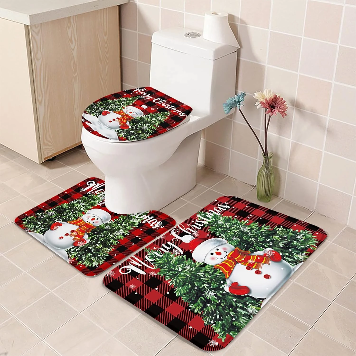 Christmas Snowman 3 Piece Bath Rugs Sets Snowman With Xmas Tree Bathroom Mats Set Non Slip Water Absorbent U-Shaped Contour Toilet Mat Red Buffalo Plaid Check Toilet Lid Cover 5 Christmas Snowman 3 Piece Bath Rugs Sets Snowman With Xmas Tree Bathroom Mats Set Non Slip Water Absorbent U-Shaped Contour Toilet Mat Red Buffalo Plaid Check Toilet Lid Cover - Image 5