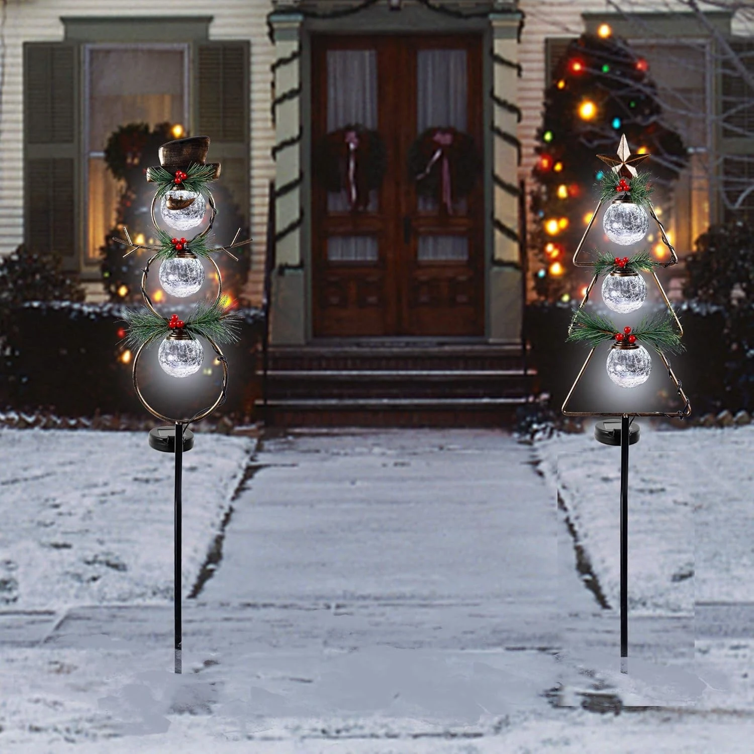 MAGGIFT Christmas Outdoor Solar Stake Lights, 42.5 Inch Solar Powered Yard Decorations, Glass Globe Cool White LED Xmas Pathway Lights, Metal Snowman & Tree Garden Stakes Lawn Ornament, Set Of 2 3 MAGGIFT Christmas Outdoor Solar Stake Lights, 42.5 Inch Solar Powered Yard Decorations, Glass Globe Cool White LED Xmas Pathway Lights, Metal Snowman & Tree Garden Stakes Lawn Ornament, Set Of 2 - Image 3