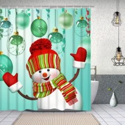 Likiyol 4 Pcs Merry Christmas Shower Curtain Sets With Non-Slip Rugs, Toilet Lid Cover And Bath Mat, Cartoon Snowman Shower Curtain With 12 Hooks, Green Balloon Ribbon Bathroom Curtain, Waterproof -Xmas Lighting Shop 81y6jRI1u L. AC SL1500