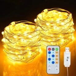 Hystun LED String Lights,40Ft 120 LED Warm White USB Fairy Lights Copper Wire Lights With Remote Control 8 Modes & 4 Timer Switch Waterproof For DIY Bedroom Wedding Party Patio Christmas(2 Pack)