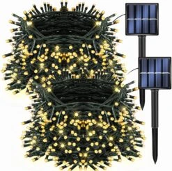 Dazzle Bright 2 Pack 200 LED 66 FT Warm White Christmas Solar String Outdoor Lights, Solar Powered With 8 Modes Waterproof Fairy Lights For Bedroom Patio Garden Tree Party Yard Decoration