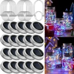 20 Sets Solar Mason Jar Lights 30 LED Fairy Lights With Jar Lid Waterproof Lantern String Lights With 20 Hangers For Outdoor Yard Patio Lawn Garden Wedding Decoration Christmas, Jars Not Included