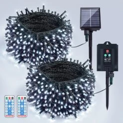 Woohaha 2 Pack Solar String Lights,Each 72ft 200 LED Solar White Christmas Lights Outdoor With Remote And Timer, 8 Modes Solar Tree Lights Waterproof Solar Fairy Lights For Garden,Yard,Patio,Party