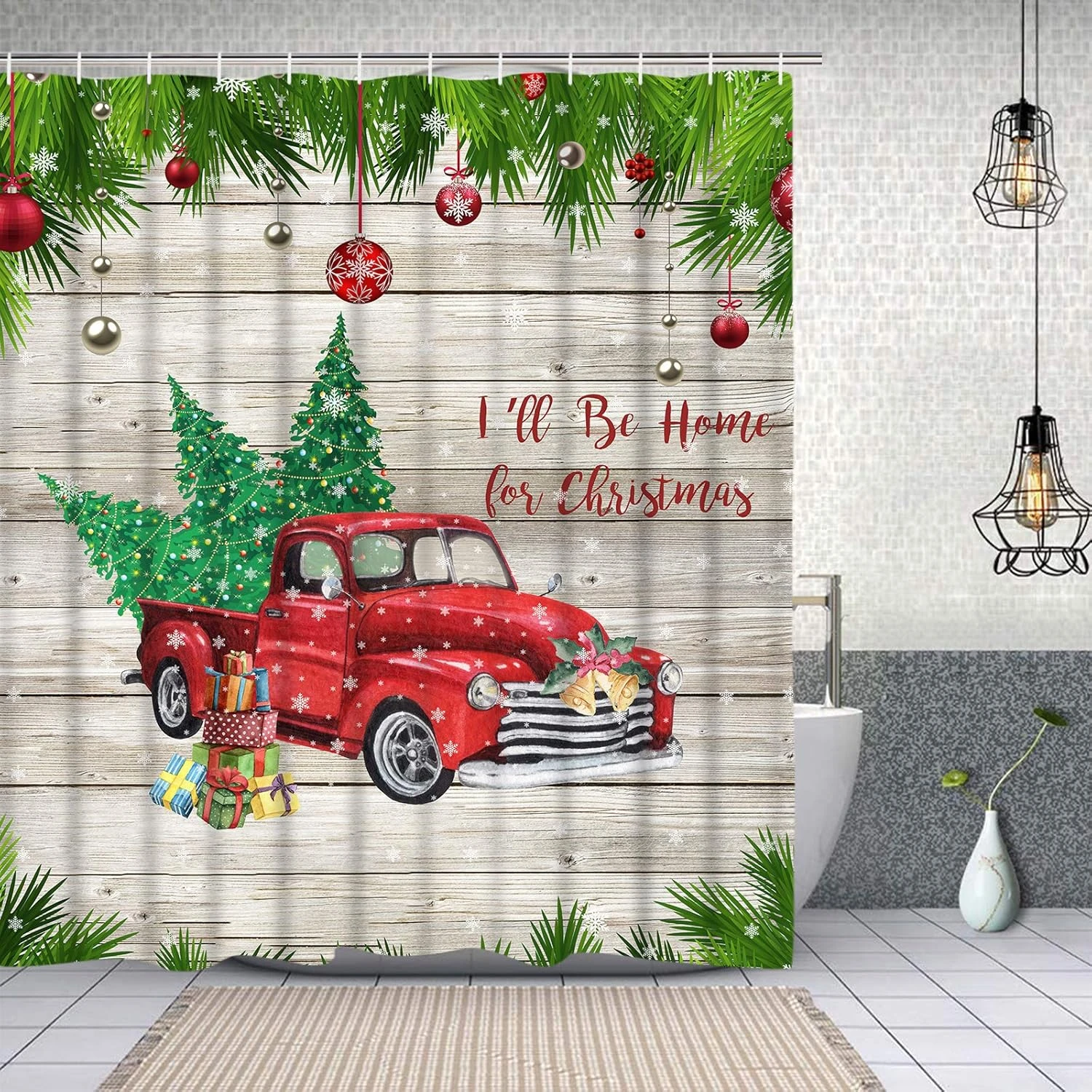 Ikfashoni 4 Pcs Christmas Shower Curtains Set With Non-Slip Rugs, Toilet Lid Cover And Bath Mat, Vintage Wooden Snowflake Shower Curtain With 12 Hooks, Xmas Tree Red Truck Shower Curtain For Bathroom 3 Ikfashoni 4 Pcs Christmas Shower Curtains Set With Non-Slip Rugs, Toilet Lid Cover And Bath Mat, Vintage Wooden Snowflake Shower Curtain With 12 Hooks, Xmas Tree Red Truck Shower Curtain For Bathroom - Image 3