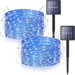 Hopolon Solar String Lights Outdoor, 2 Pack Each 33FT 100 LEDs Solar Powered Fairy Lights,Copper Wire Lights With 8 Modes For Patio Yard Trees Christmas Wedding Party Decor -Blue