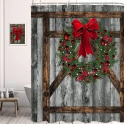 Likiyol 4 Pcs Christmas Wooden Door Shower Curtain Sets With Non-Slip Rugs, Toilet Lid Cover, Bath Mat And 12 Hooks, Christmas Bow Knot With Pine Cone Shower Curtain Christmas Bathroom Set -Xmas Lighting Shop 91VLnXCB8iL. AC SL1500