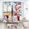 ArtSocket 4 Pcs Shower Curtain Set Santa Claus Christmas Snowman Window With Non-Slip Rugs Toilet Lid Cover And Bath Mat Bathroom Decor Set 72" X 72"