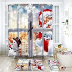 ArtSocket 4 Pcs Shower Curtain Set Santa Claus Christmas Snowman Window With Non-Slip Rugs Toilet Lid Cover And Bath Mat Bathroom Decor Set 72" X 72"