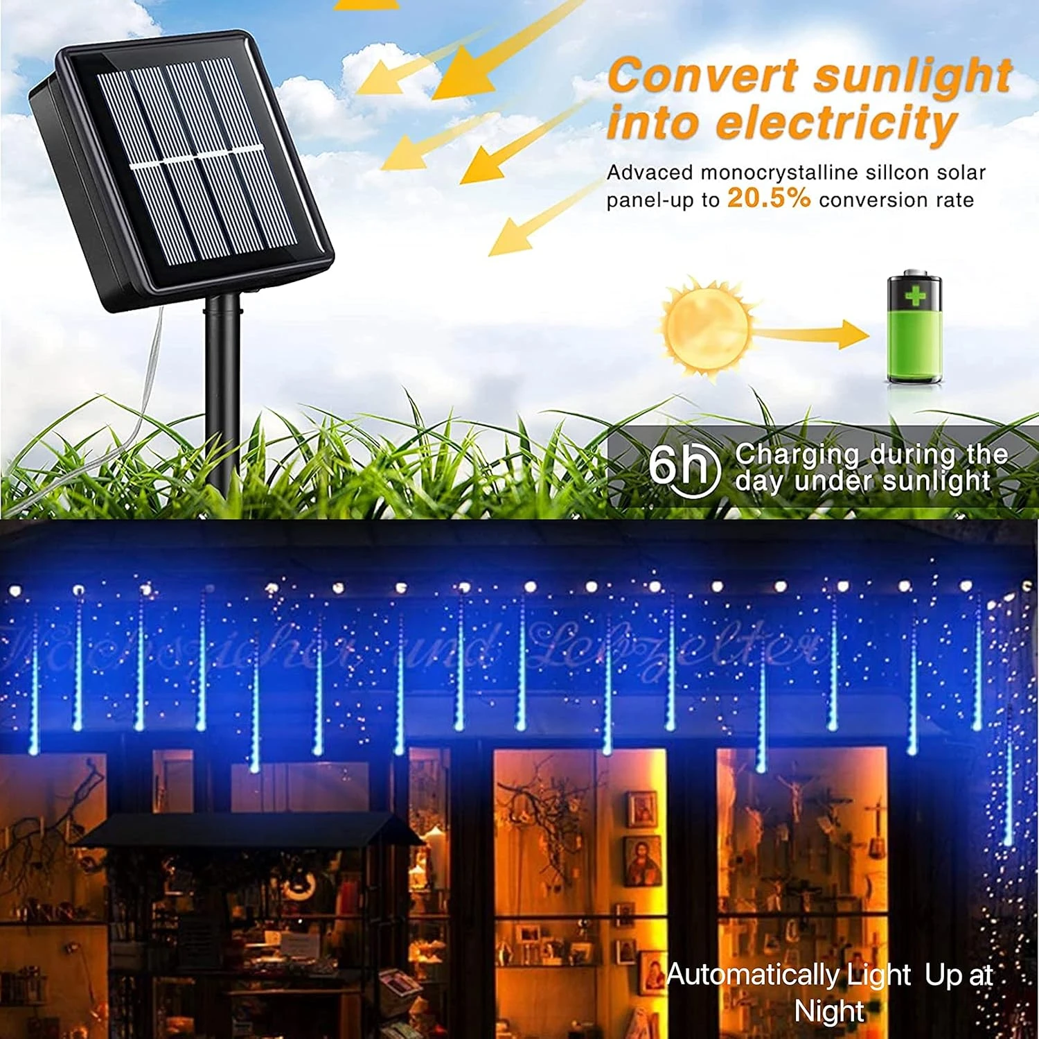 YEGUO Solar Meteor Shower Lights Outdoor, 8 Tubes 144 LED Meteor Christmas Lights, Falling Rain Lights For Party Tree Holiday Roof Wedding(Blue) 3 YEGUO Solar Meteor Shower Lights Outdoor, 8 Tubes 144 LED Meteor Christmas Lights, Falling Rain Lights For Party Tree Holiday Roof Wedding(Blue) - Image 3