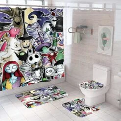 DDS-DUDES 4Pcs Nightmare Before Christmas Zombie Bride Jack Shower Curtain Sets Kids Bathroom Halloween Christmas Decor With 12 Curtain Hooks For Bathroom, Waterproof 71 X 71 Inch (D00050)
