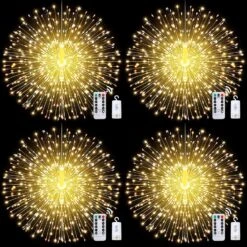 Techip 4 Pcs 225Led Starburst Lights Battery Operated Fairy Lights Copper Wire With Remote 8 Modes Wedding Hanging String Lights Christmas Decorative Lights Outdoor Indoor Decoration,Warm White