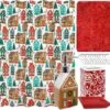 Indecor Home 17-Piece Ceramic Bathroom Accessory Set With Shower Curtain, 12 Hooks, Soap Pump, Toothbrush Holder, Soap Dish And Bath Rug Box Gift Set For Christmas Xmas (Gingerbread House)