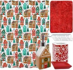 Indecor Home 17-Piece Ceramic Bathroom Accessory Set With Shower Curtain, 12 Hooks, Soap Pump, Toothbrush Holder, Soap Dish And Bath Rug Box Gift Set For Christmas Xmas (Gingerbread House)